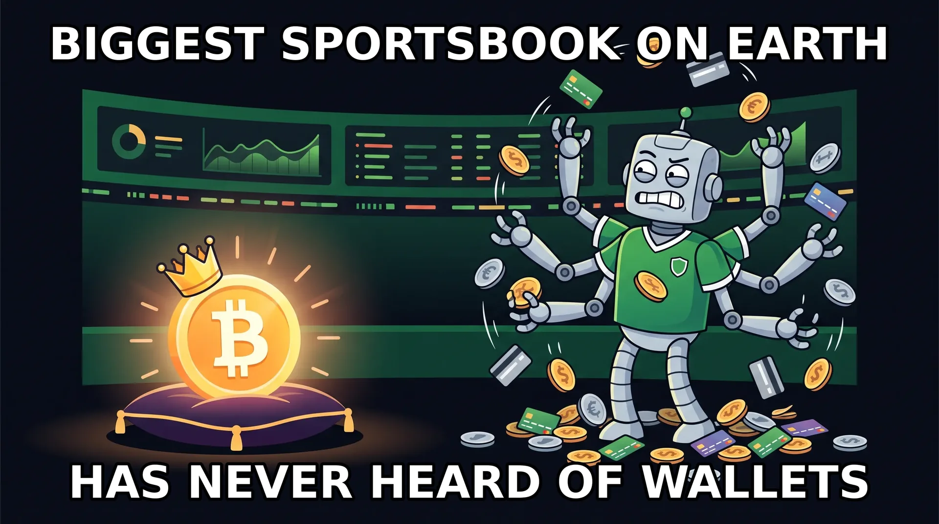Illustration: bet365 as a goofy mascot while the bitcoin coin bets elsewhere.