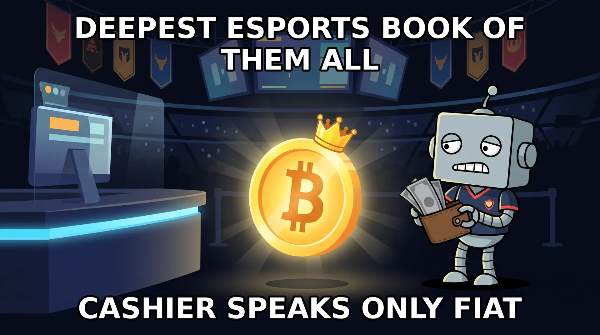 Illustration: GG.BET as a goofy mascot while the bitcoin coin bets elsewhere.