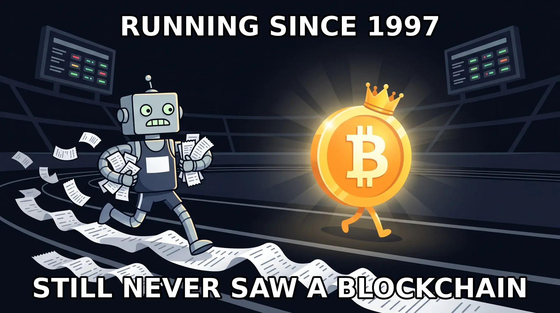 Illustration: Marathonbet as a goofy mascot while the bitcoin coin bets elsewhere.