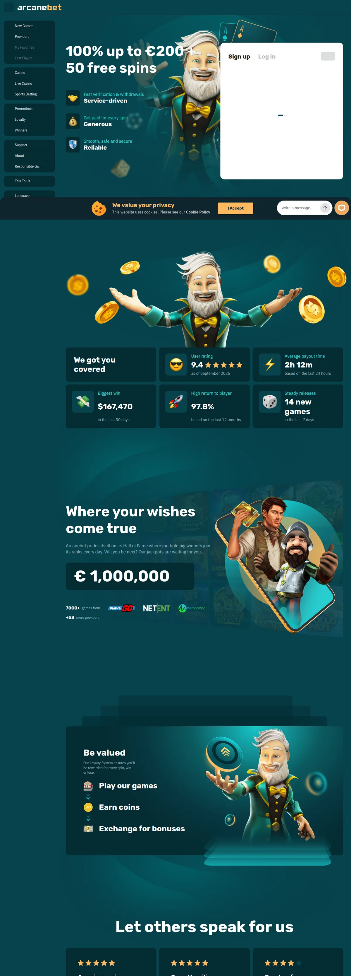 Screenshot: Arcanebet full homepage