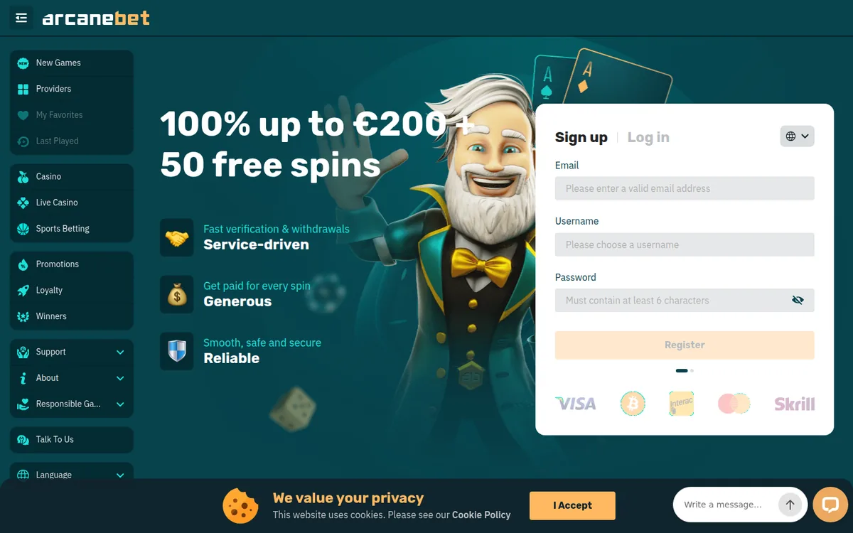 Screenshot: Arcanebet homepage