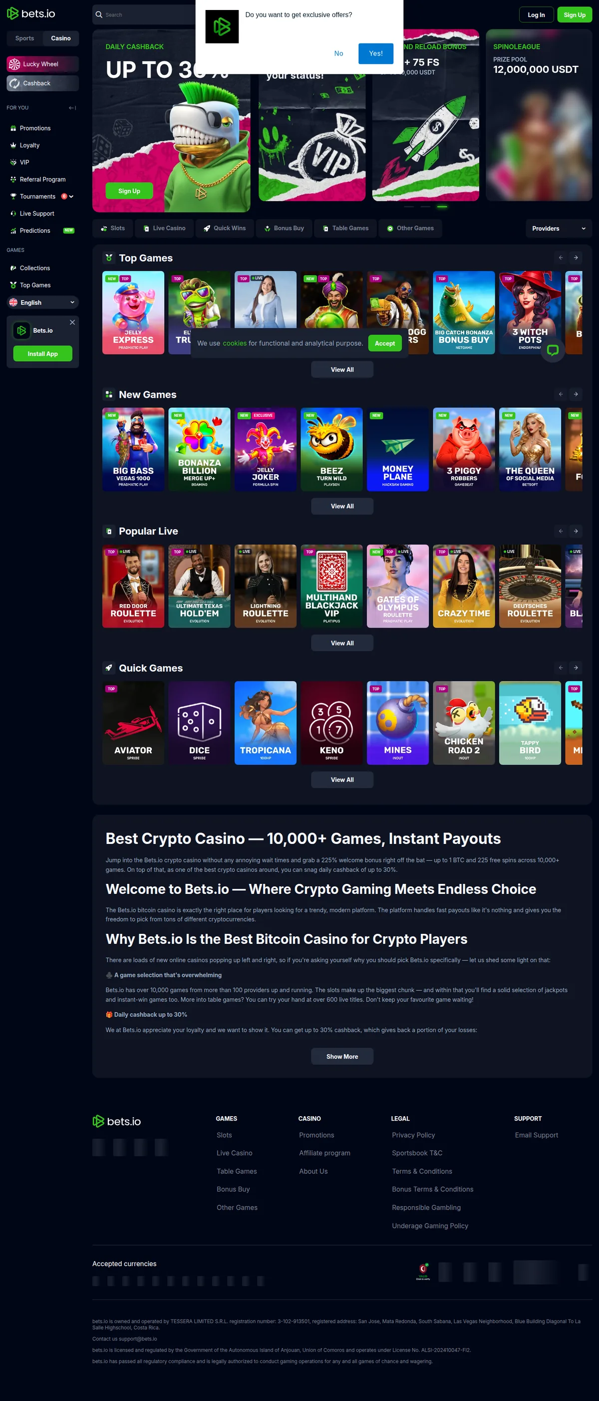 Screenshot: Bets.io full homepage