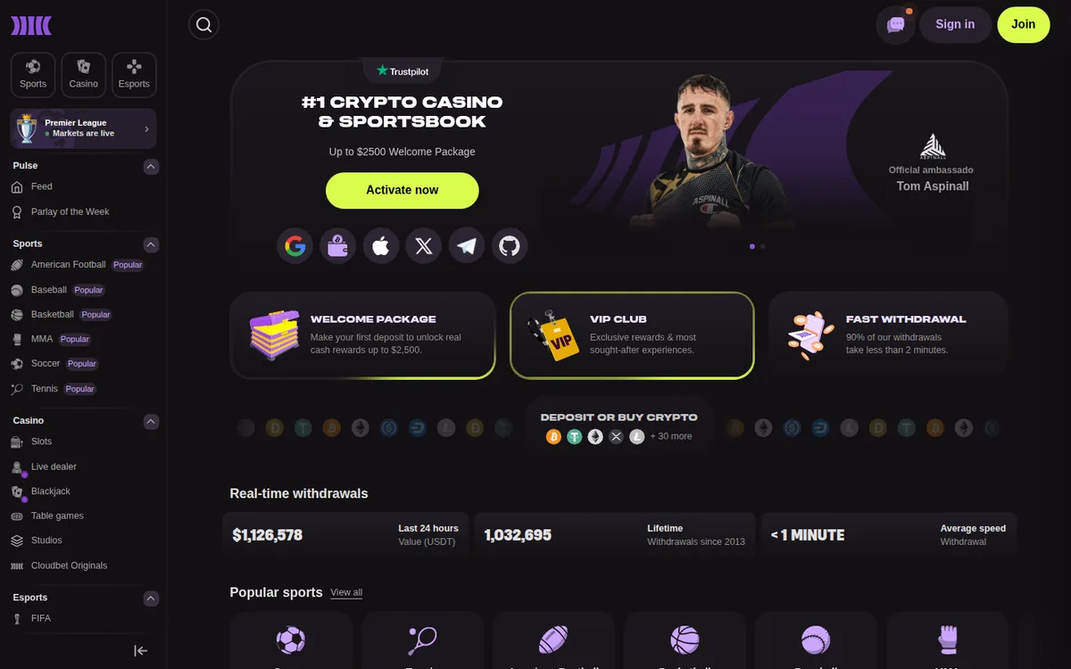 Screenshot: Cloudbet homepage