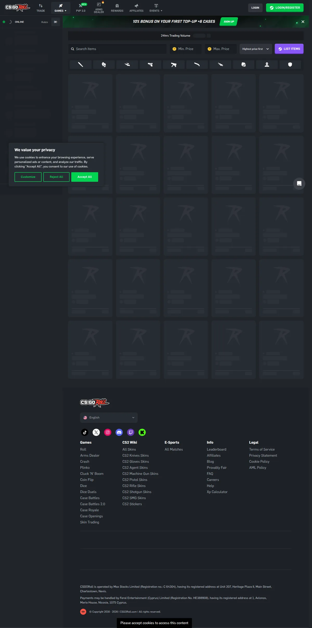 Screenshot: CSGORoll full homepage