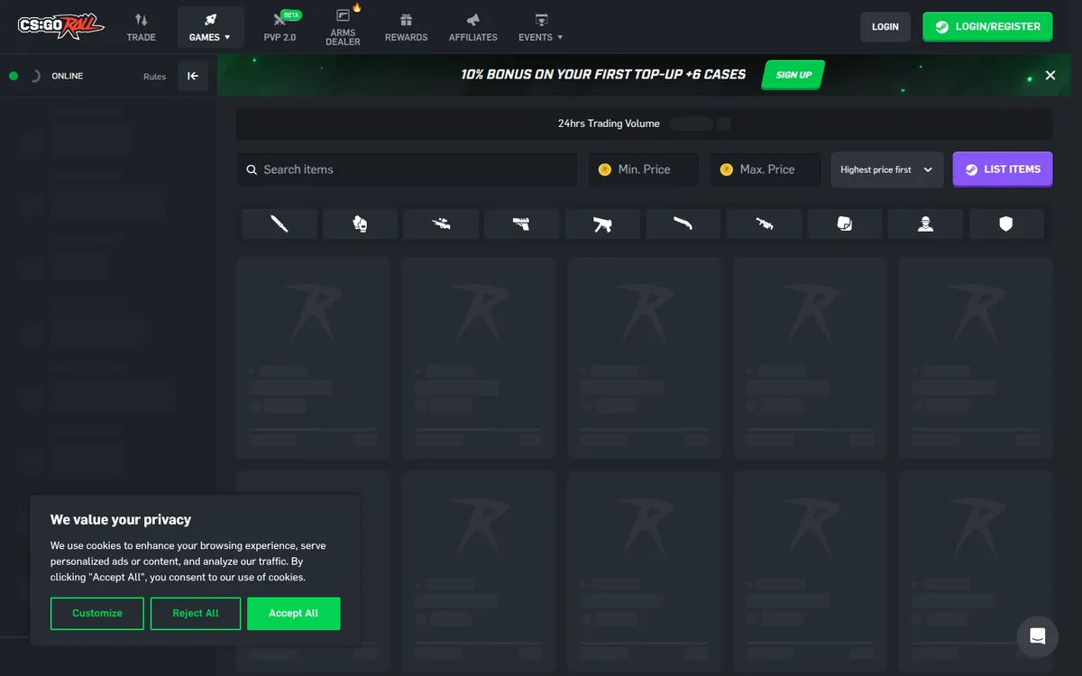 Screenshot: CSGORoll homepage