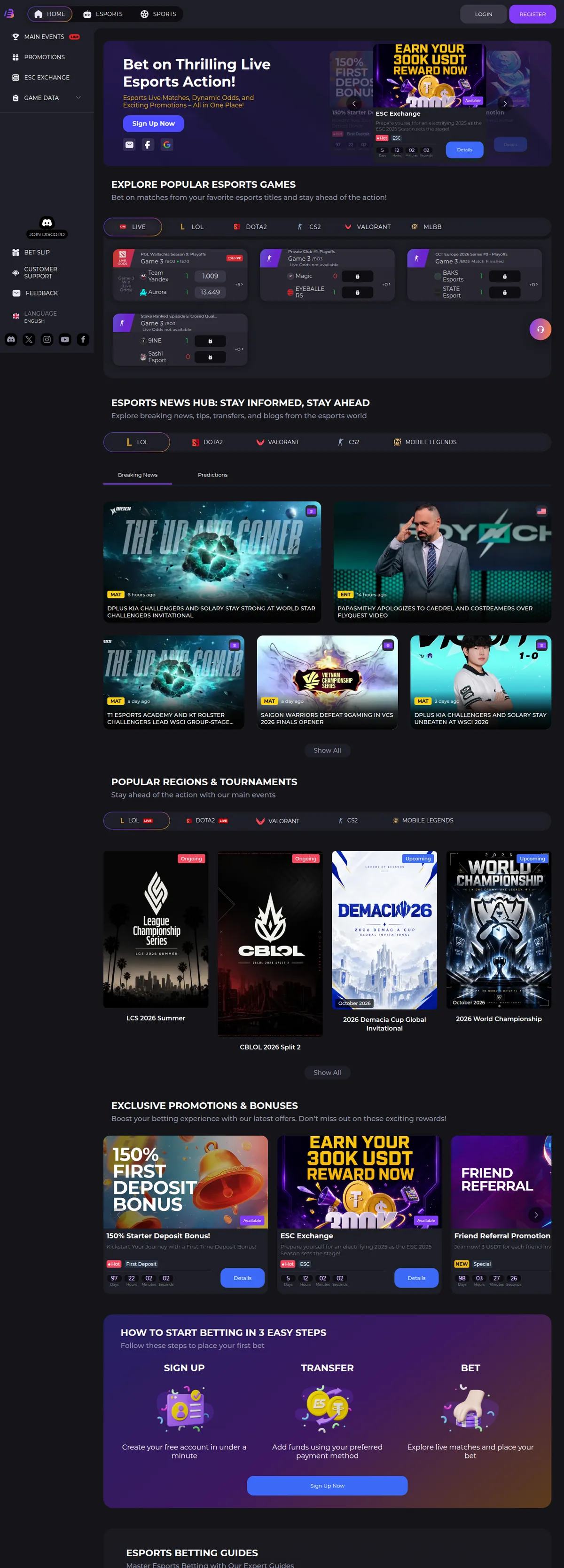 Screenshot: EsportsBet.io full homepage