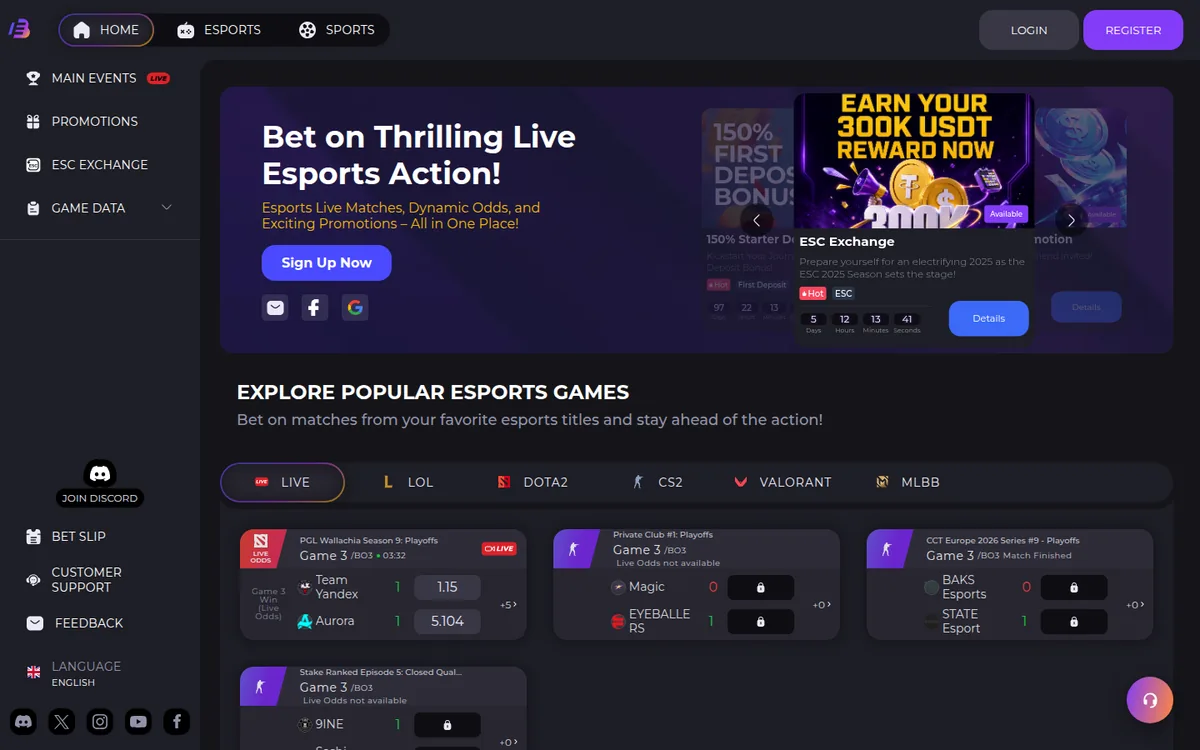 Screenshot: EsportsBet.io homepage
