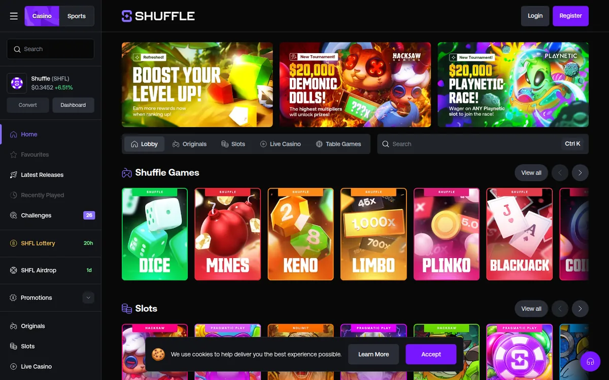 Screenshot: Shuffle homepage