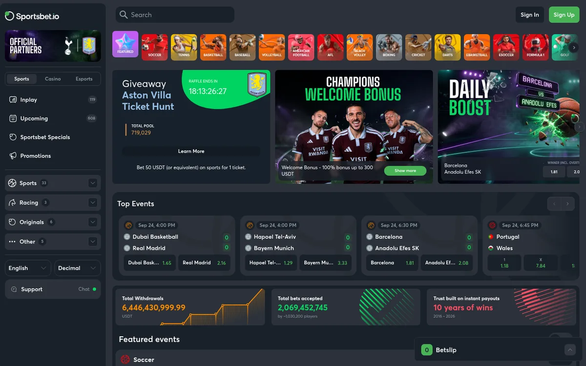 Screenshot: Sportsbet.io homepage